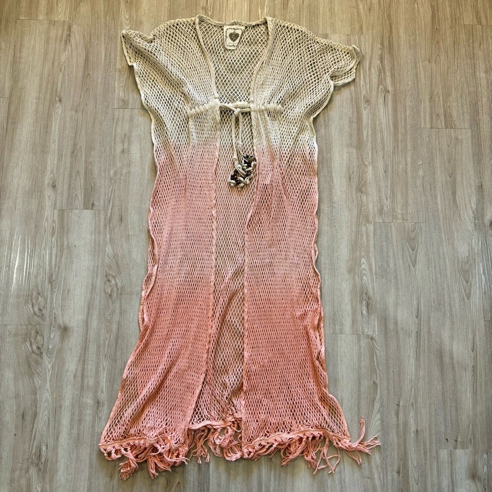 Z&L Europe Beach‎ Ombré Beige Coral Crochet Boho Fringe Cover Up Kimono Seashell